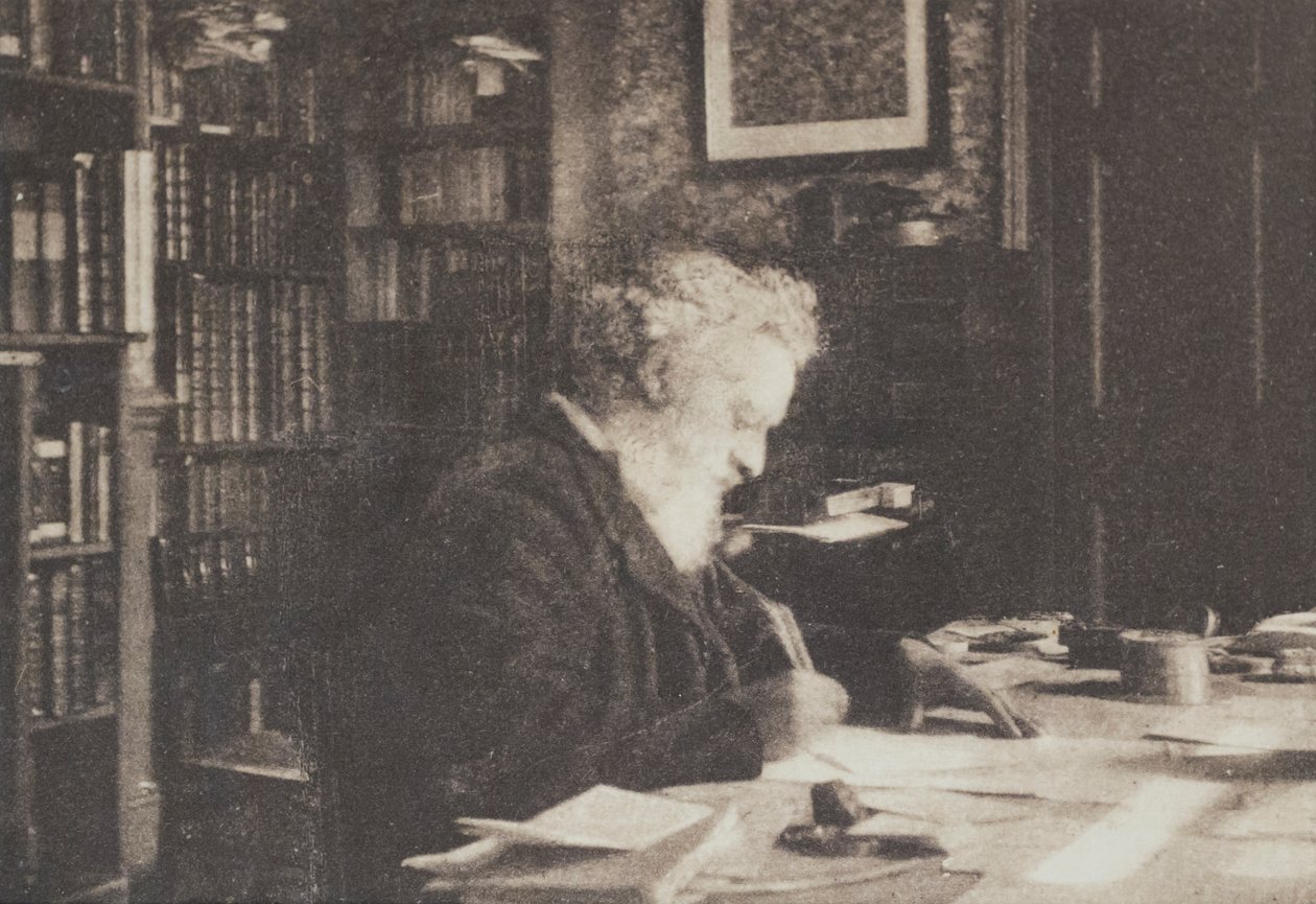 Boekverzamelaar, William Morris in zijn bibliotheek in Kelmscott House, Hammersmith door British Photographer