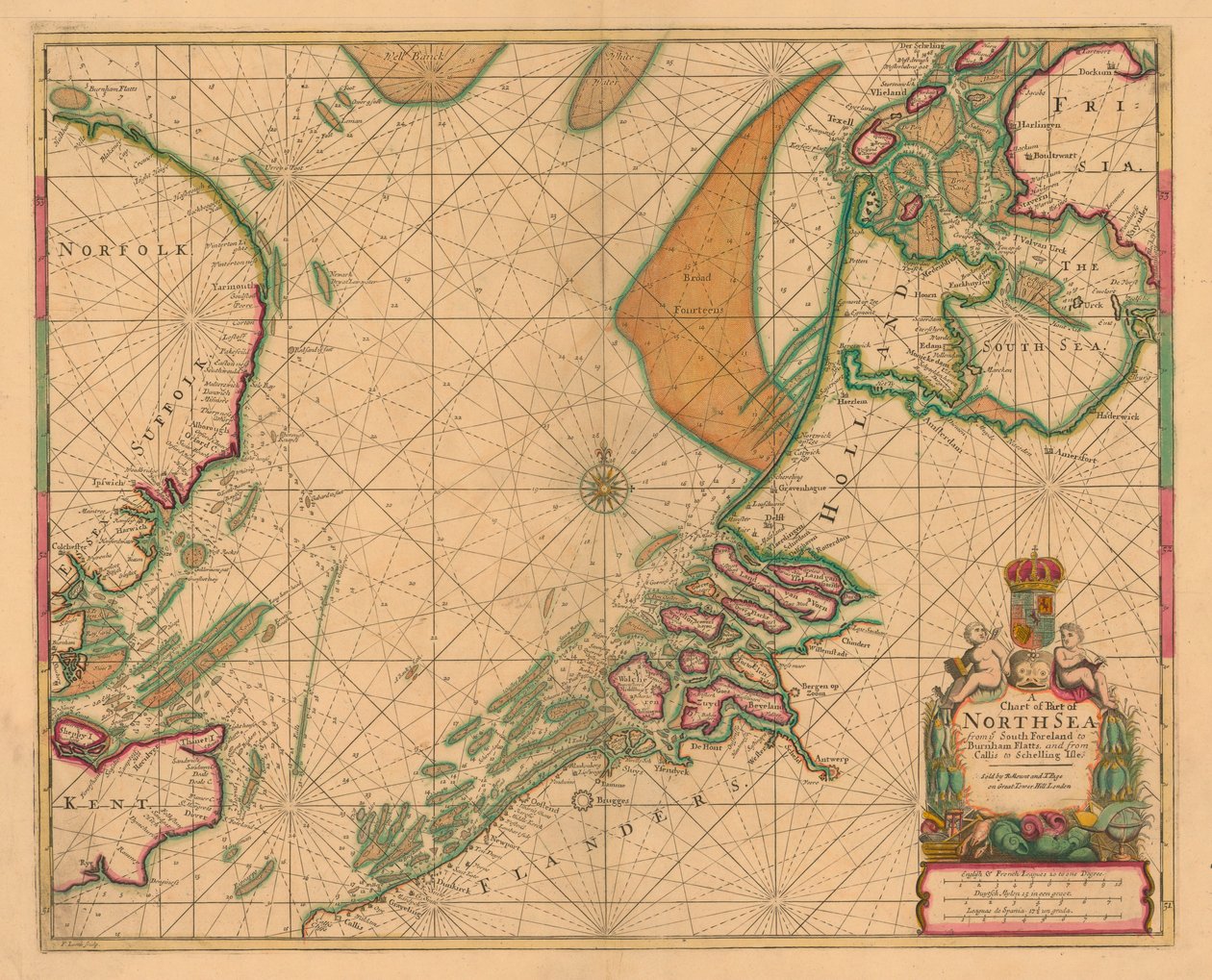 Kaart van de Noordzee van South Foreland tot Burnham Flatts, en van Callis tot Schelling Isle door British School