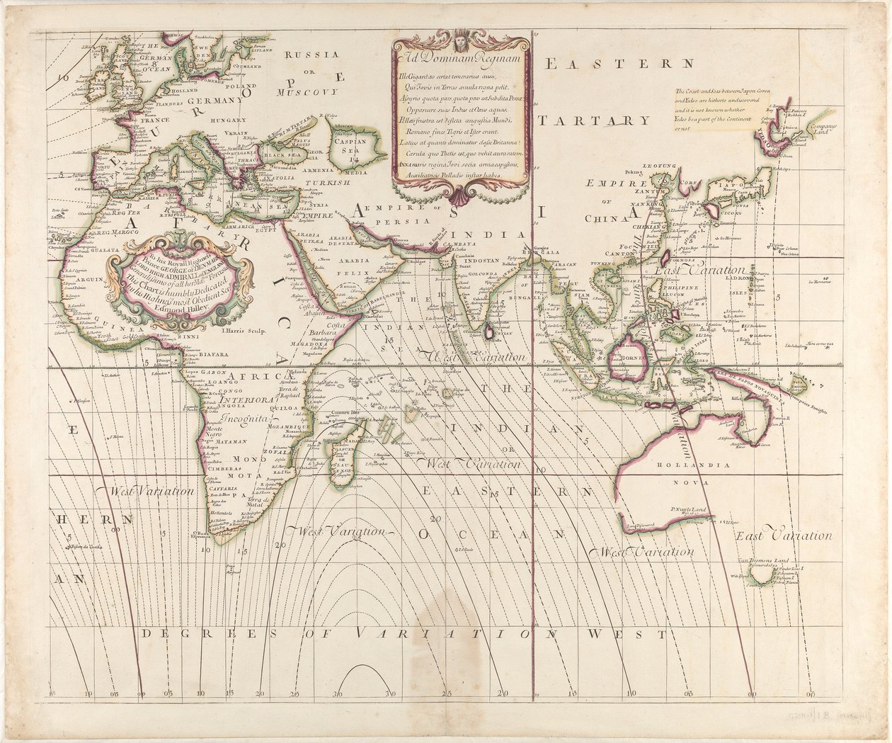 Een nieuwe en correcte zeekaart van de hele wereld die de variaties van het kompas toont zoals ze werden gevonden in het jaar 1700 door British School