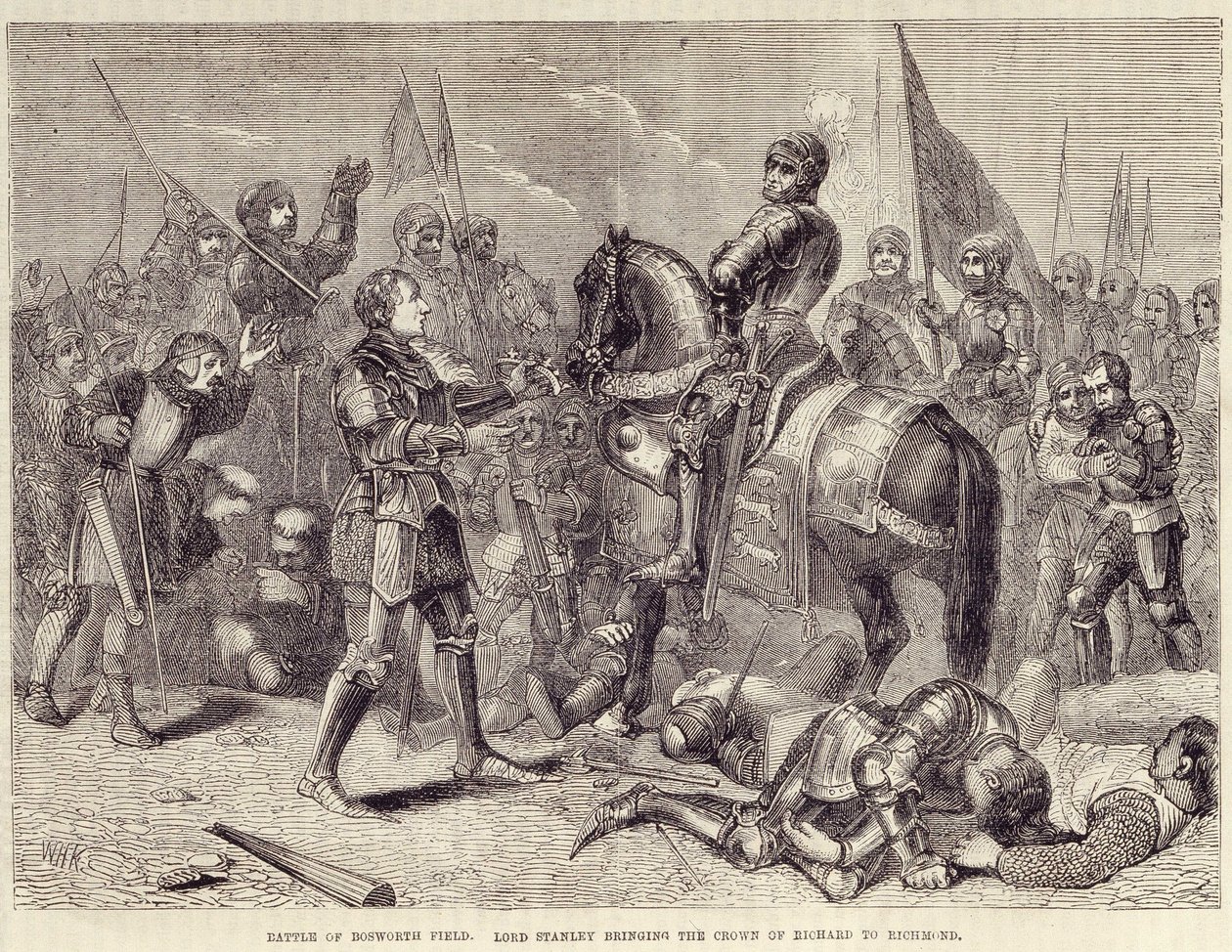 Slag bij Bosworth Field. Lord Stanley brengt de kroon van Richard III naar Richmond (1485): einde van de Rozenoorlog - in 