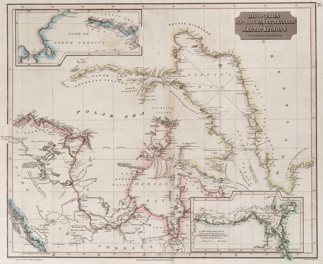 Kaart met ontdekkingen van Ross, Parry en Franklin in het Noordpoolgebied tijdens 1818-1827, c.1830 door British School
