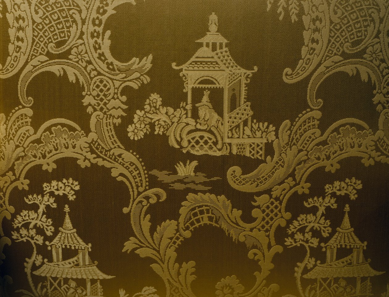 Chinese motieven, detail van bekleding op George II-stijl armstoel, gesneden hout, gevoerde armen en beklede rug en zitting, ca. 1750, Verenigd Koninkrijk door British School