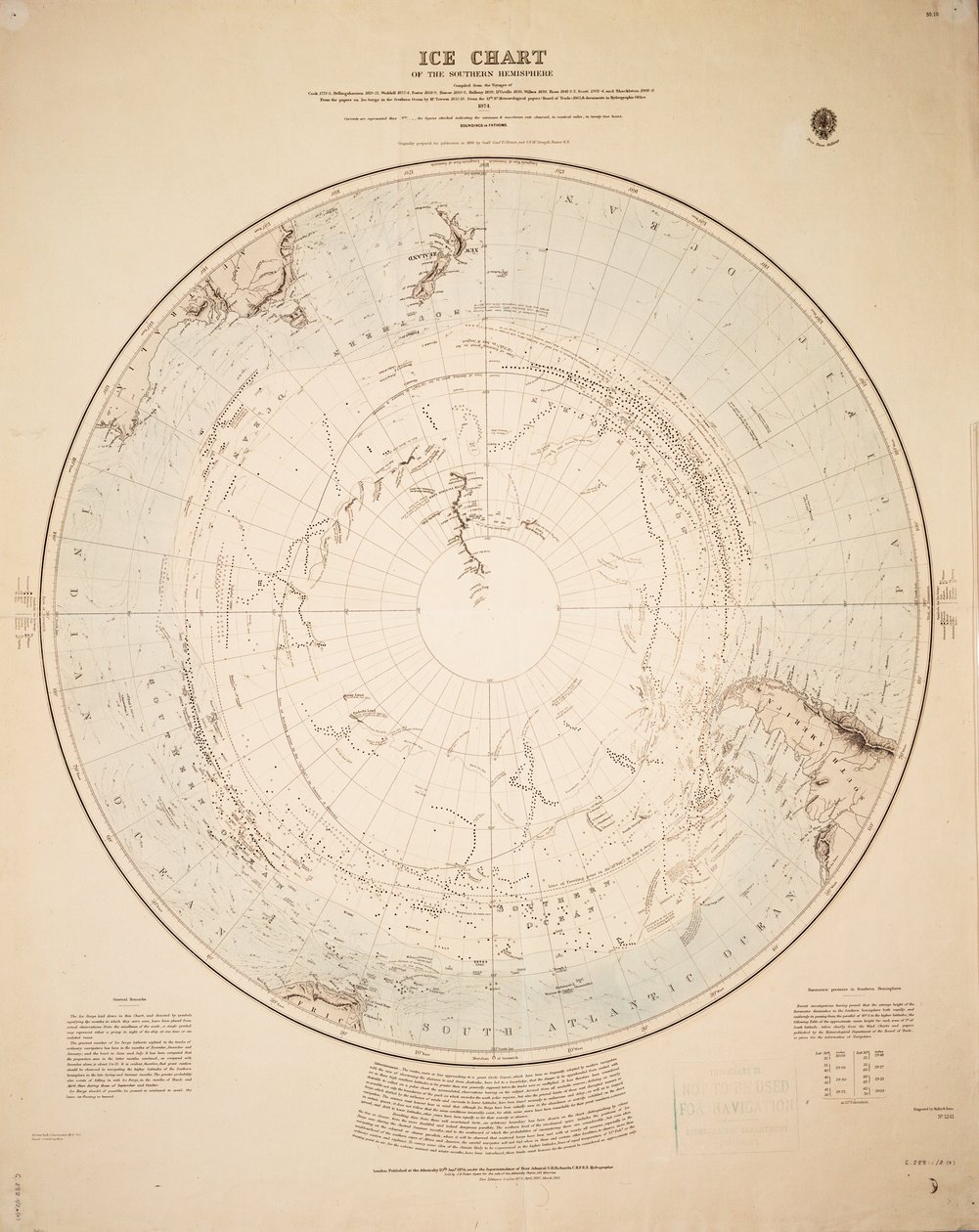IJskaart van het zuidelijk halfrond samengesteld uit de reizen van Cook 1772-5, Bellingshausen 1819-21... en Shackleton 1908-9 door British School