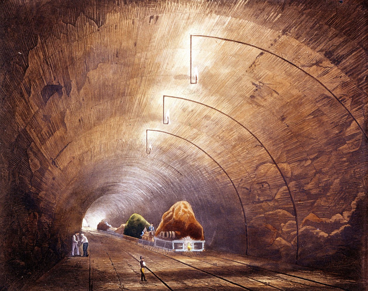 Industriële revolutie: spoortunnel op de lijn Manchester - Liverpool. Plaat uit 