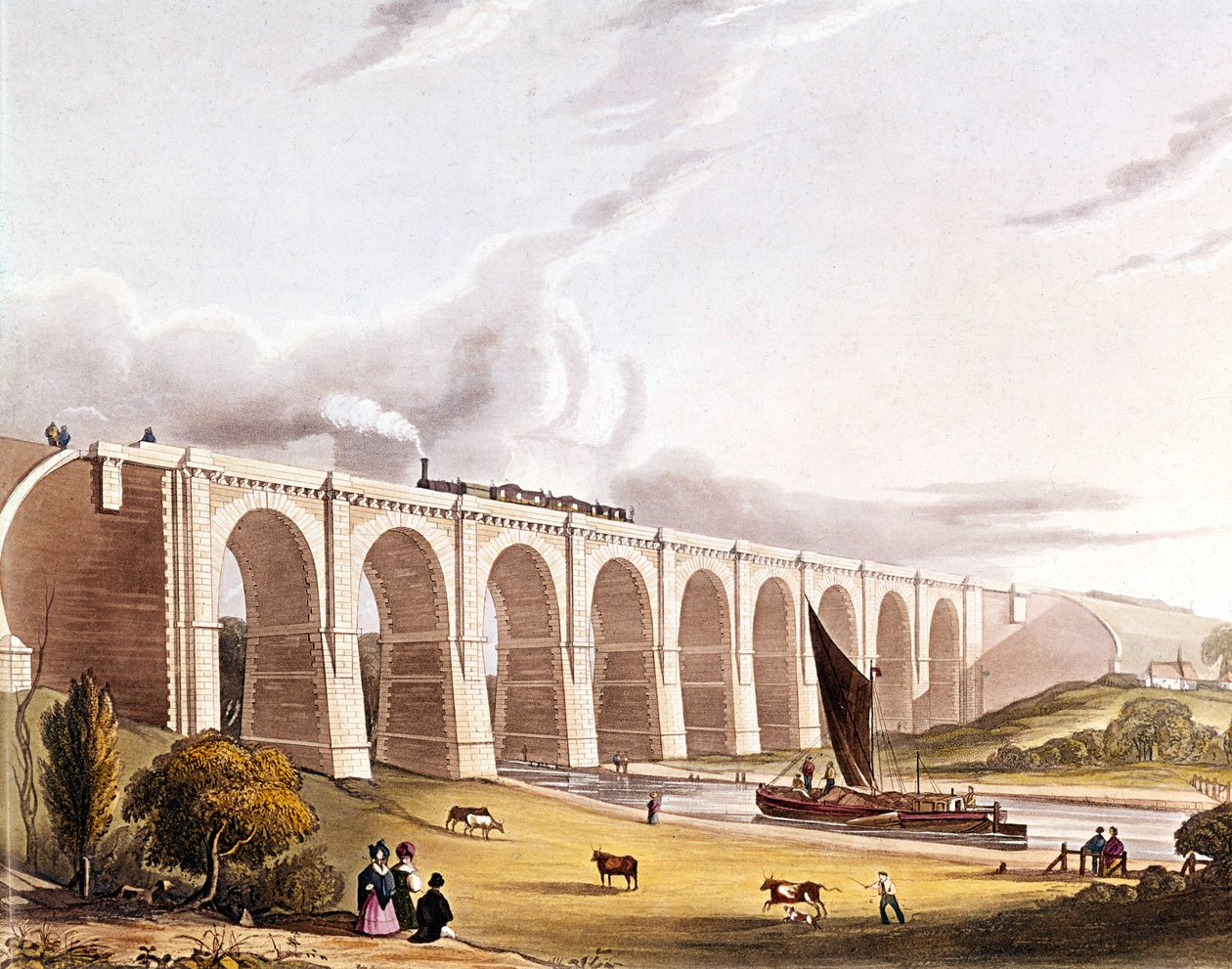 Industriële revolutie: uitzicht op het spoorwegviaduct dat de Sankey Valley oversteekt. Plaat uit 