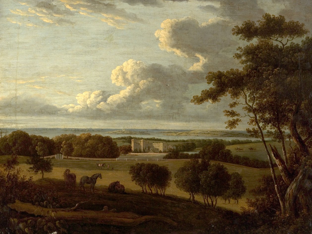Landschap nabij de kust (zicht op een herenhuis met de zee in de verte) door British School