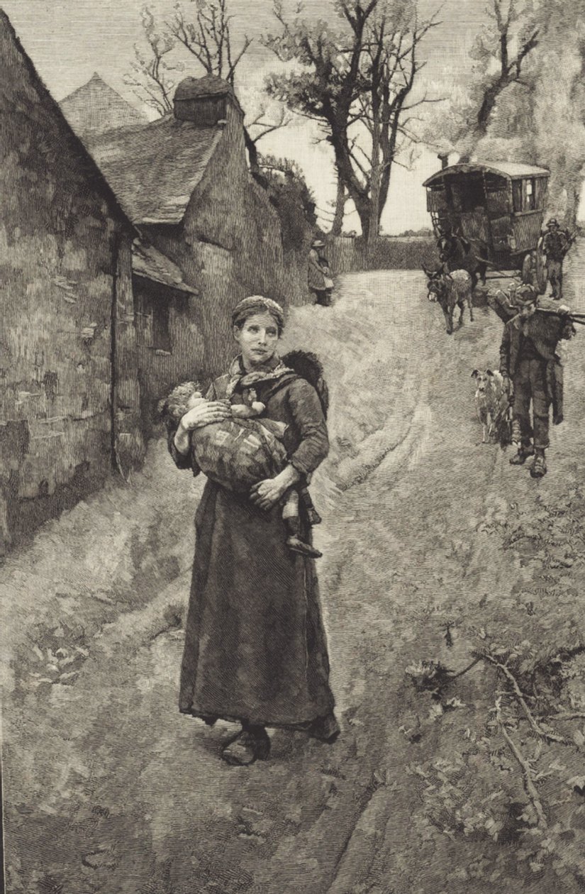 Arme weduwe op het platteland (gravure) door British School