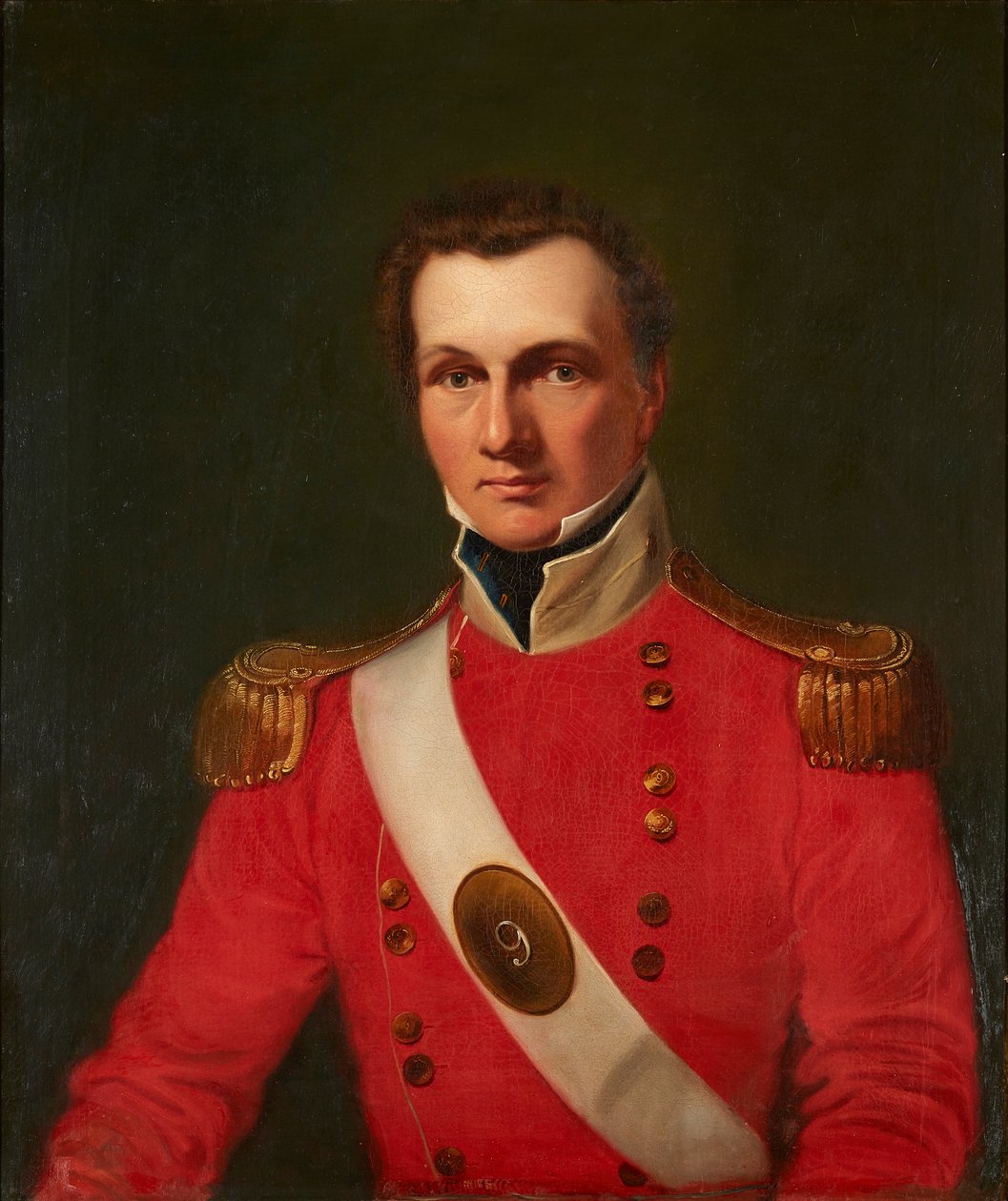 Portret van een heer in een rood militair jasje door British School