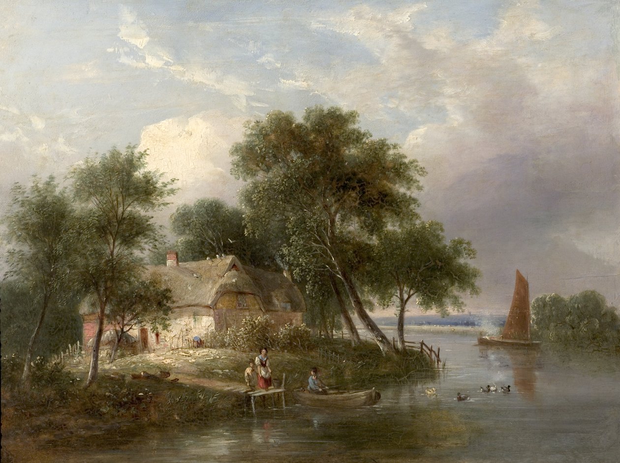 Rivierscène (huisje en bomen) door British School