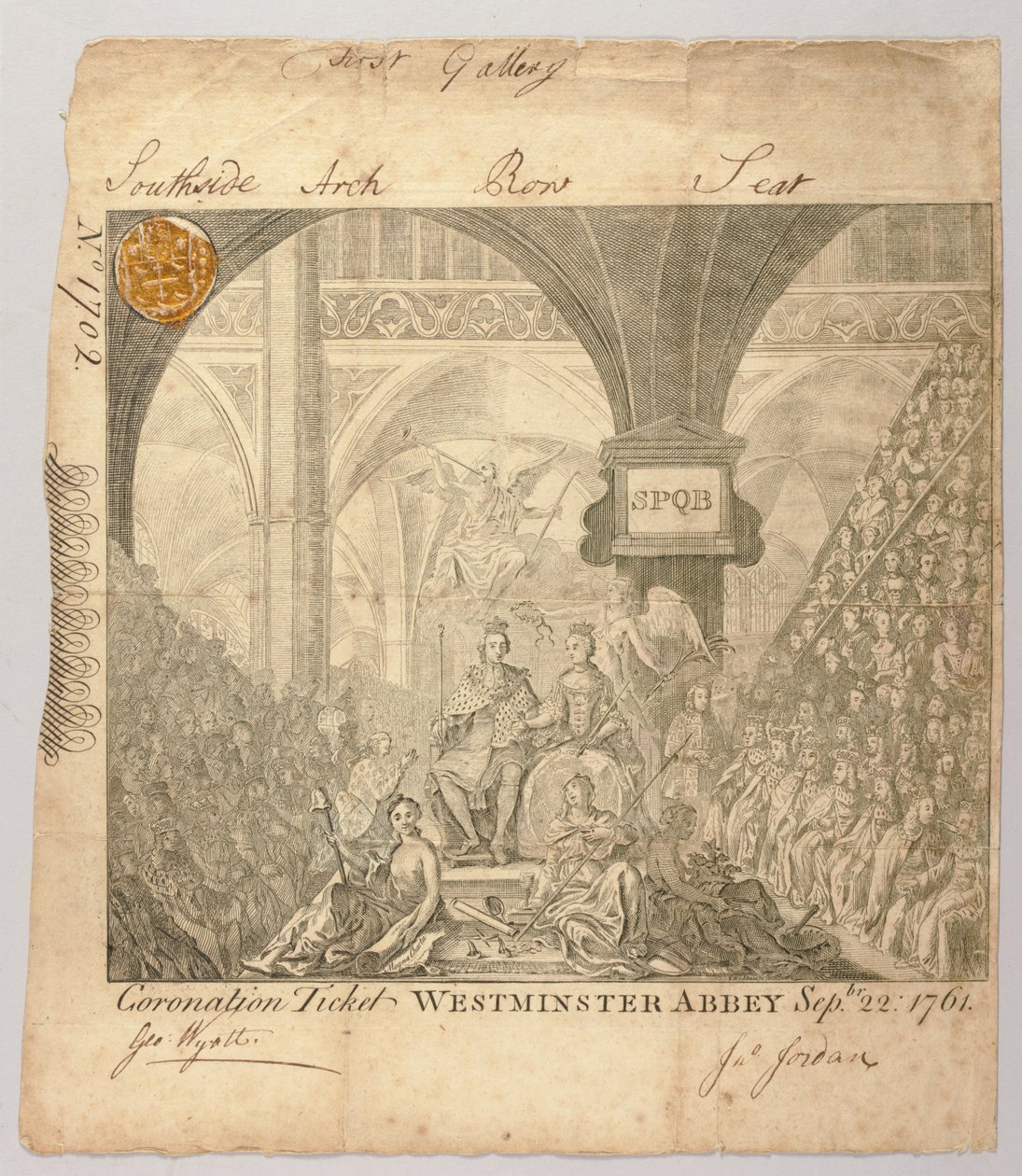 Ticket voor de Kroningsceremonie van George III in Westminster Abbey, gegraveerd door George Bickham, 22 september 1761 door British School