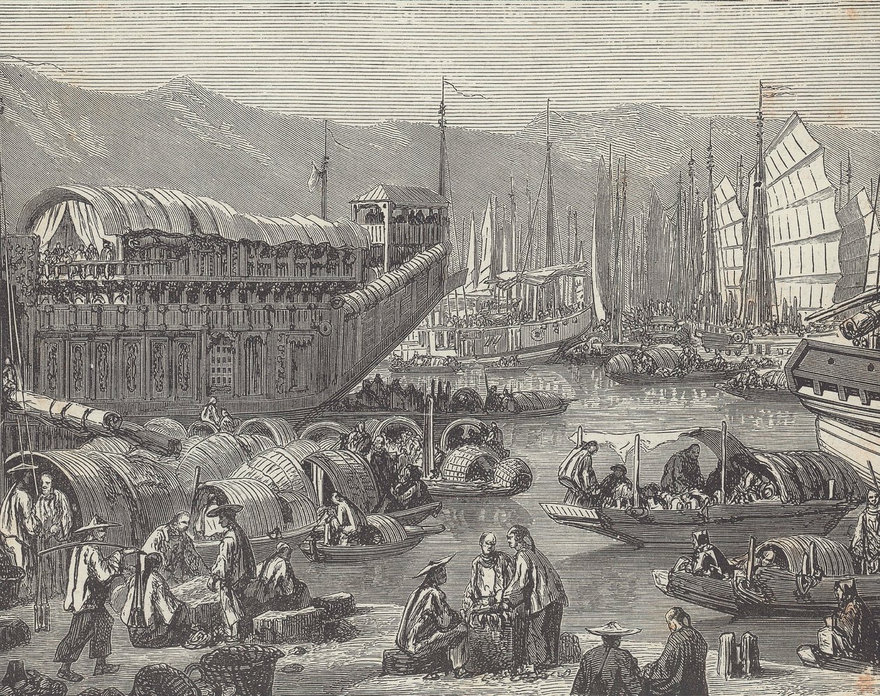 Schepen in drukke haven, Shanghai, China (gravure) door British School