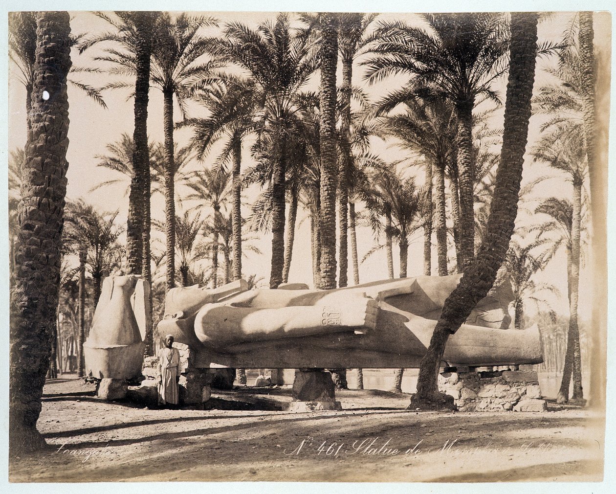 Een standbeeld van Memphis ligt in een palmbos in Egypte - foto door de gebroeders Zangali, eind 19e eeuw door Brothers Zangaki