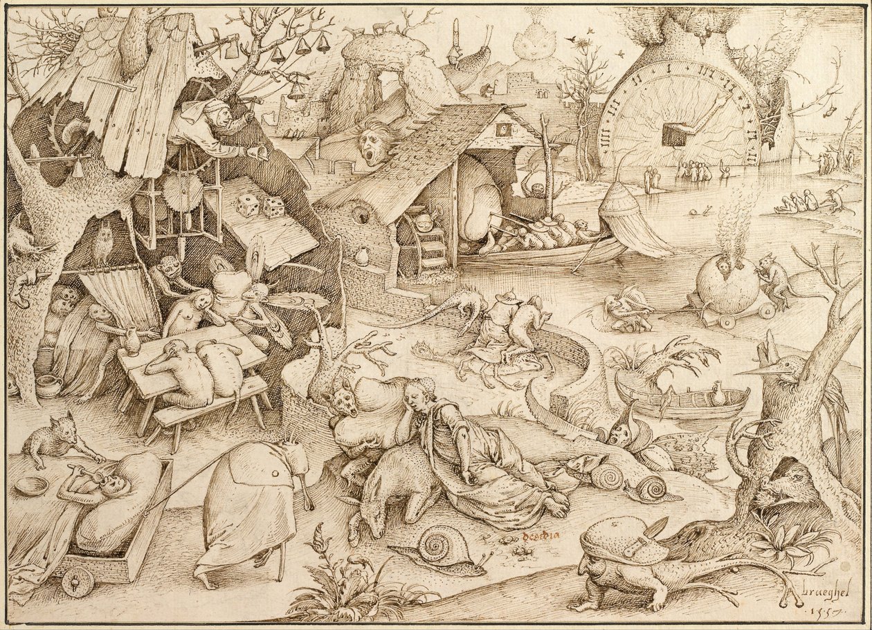 Acedia Luiheid Uit de serie Zeven Hoofdzonden, 1557 door Bruegel