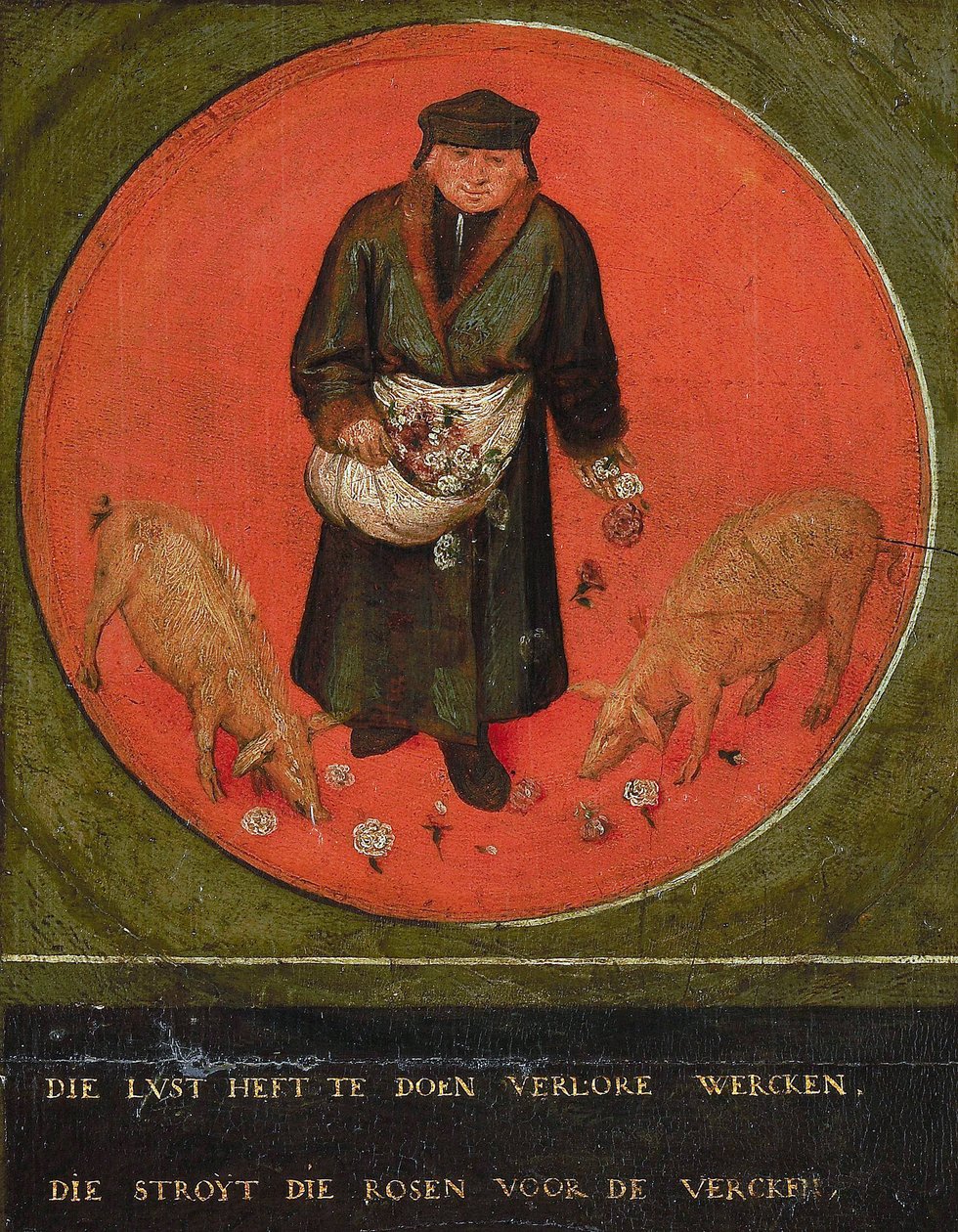 Hij die zijn moeite verspilt, werpt rozen voor de zwijnen, 1558 door Bruegel