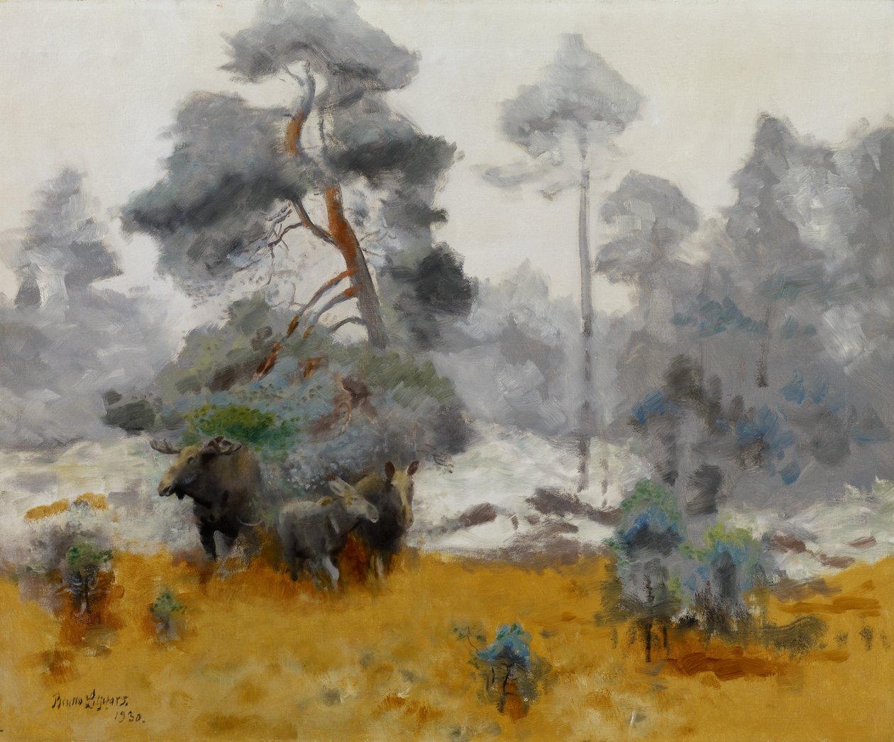 Elandfamilie die een open plek betreedt, 1930 door Bruno Andreas Liljefors