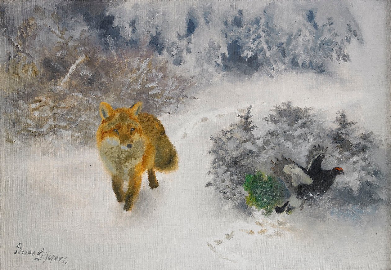 Vos en korhoen in winterlandschap door Bruno Andreas Liljefors