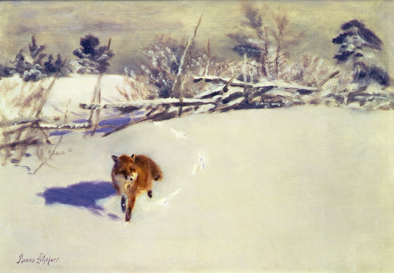 Een vos in de sneeuw (olieverf op doek) door Bruno Andreas Liljefors