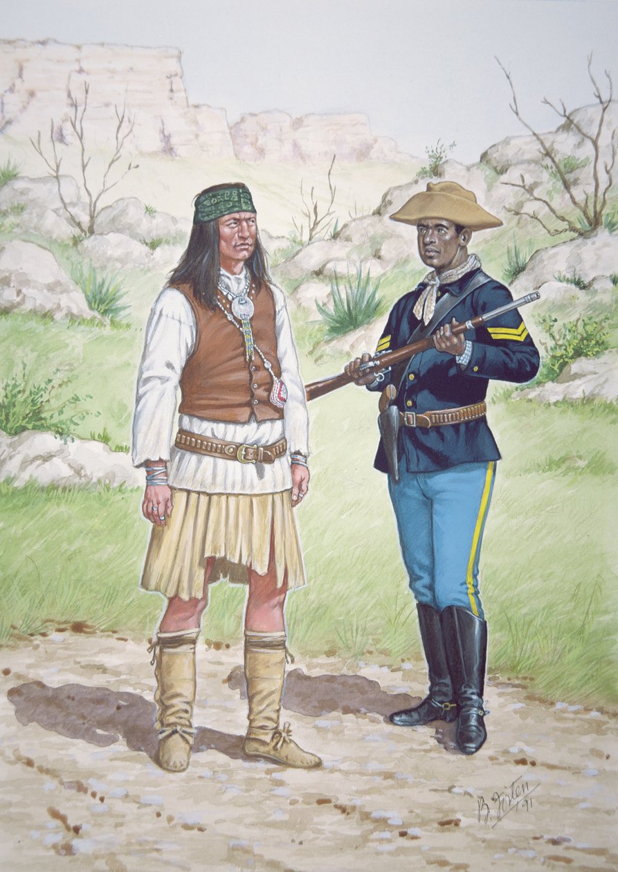 Een Chiricahua Apache krijger en een korporaal van het 10e regiment Amerikaanse cavalerie in 1886, uit een set van zes tableaus door Bryan Fosten