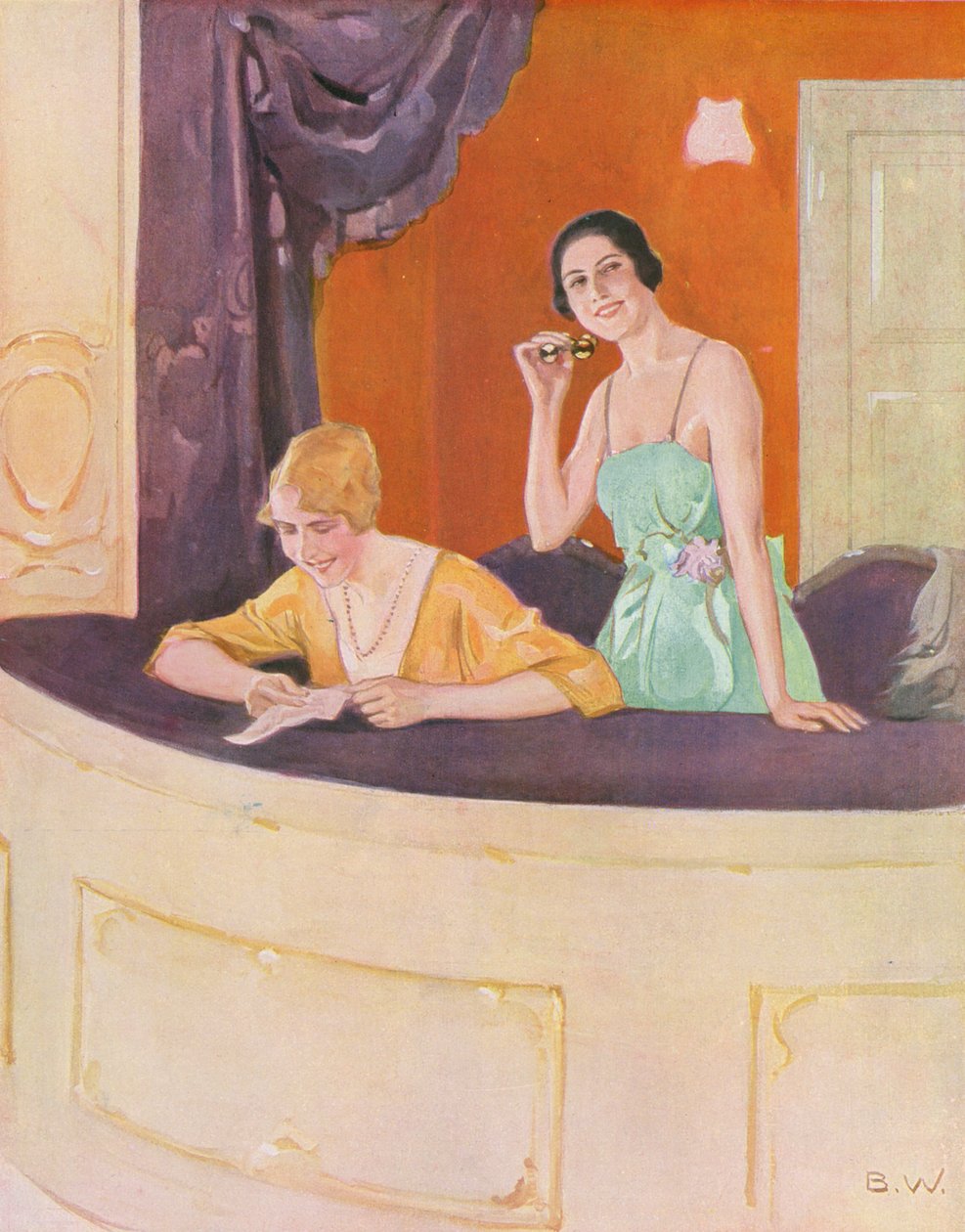 Twee vrouwen in een doos bij de opera (kleurenlitho) door Brynolf Wennerberg