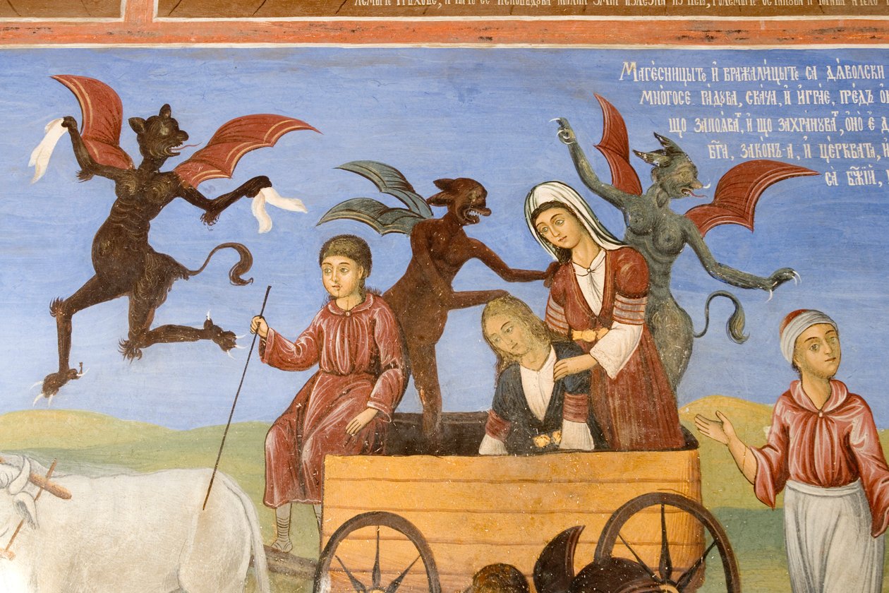 Bulgarije, Rila Klooster, fresco in de kerk van de Geboorte van de Maagd door Bulgarian School