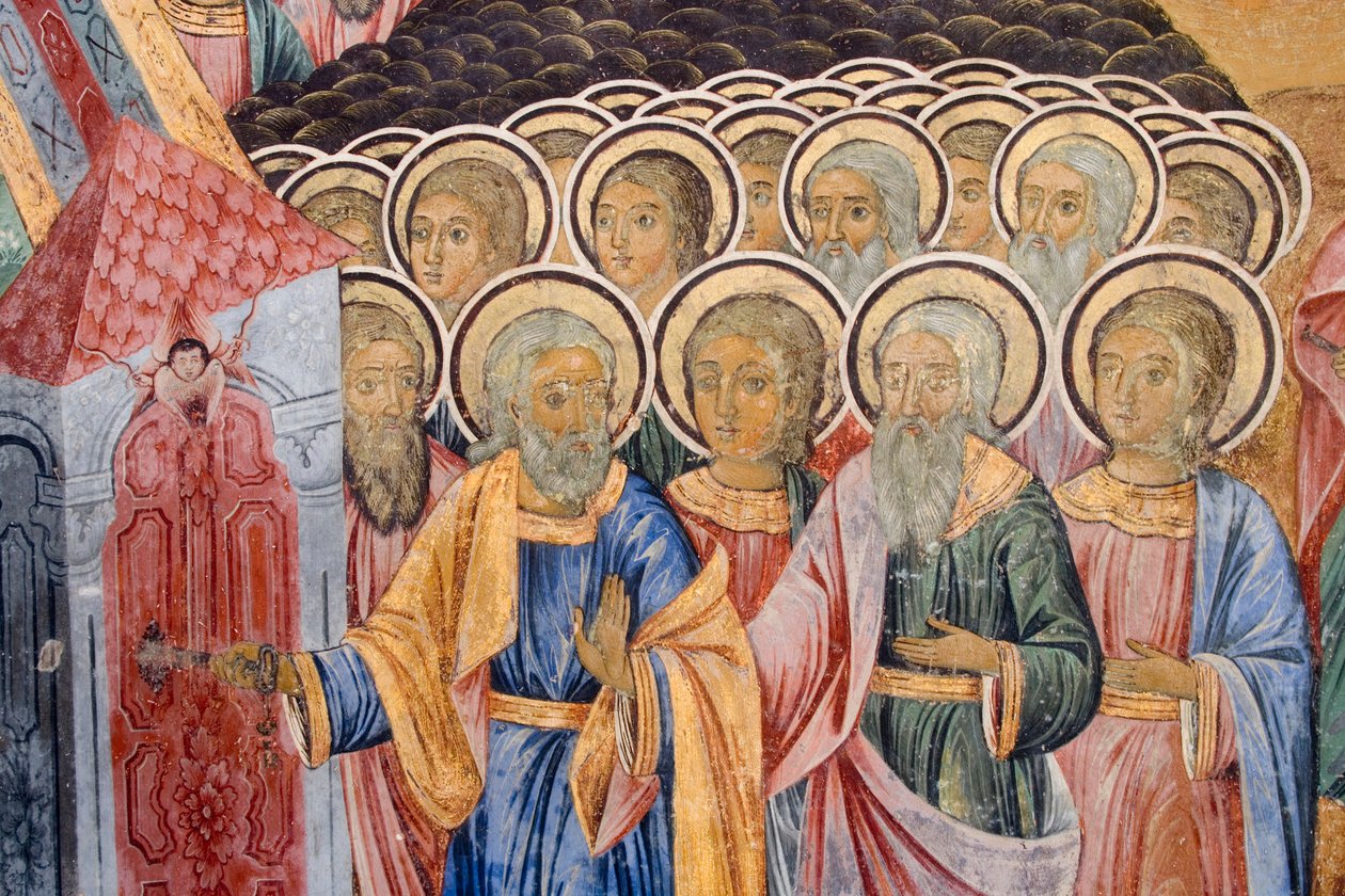 Bulgarije, Rila Klooster, fresco in de kerk van de Geboorte van de Maagd door Bulgarian School