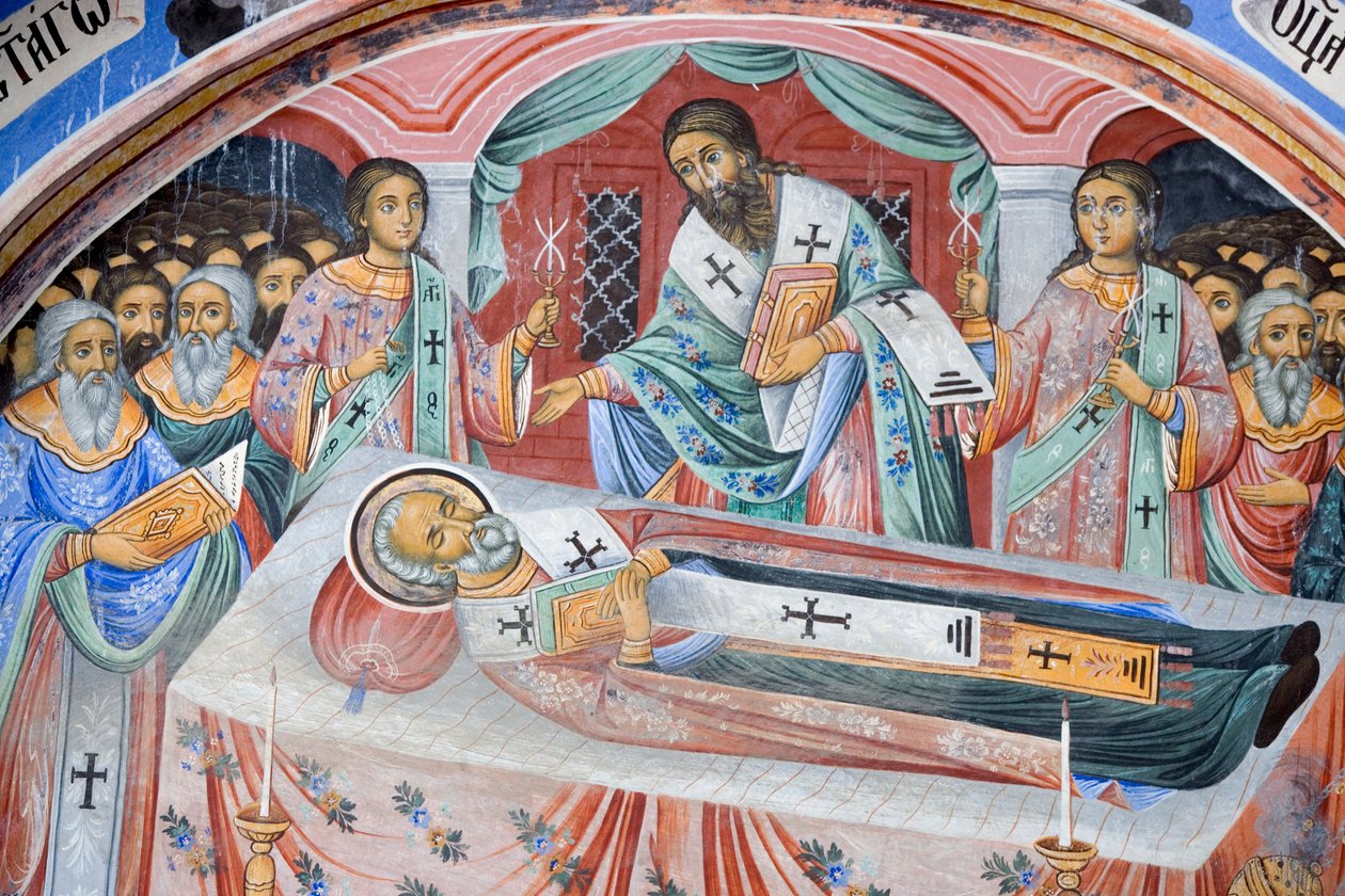 Bulgarije, Rila Klooster, begrafenisfresco in de kerk van de Geboorte van de Maagd door Bulgarian School