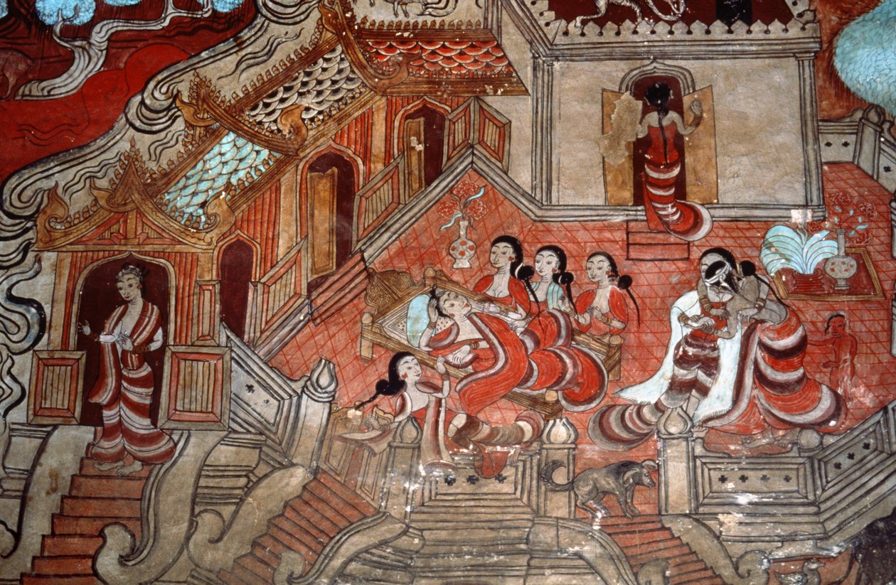 Scènes uit het leven van een Bodhisattva, 1776 (muurschildering) door Burmese School