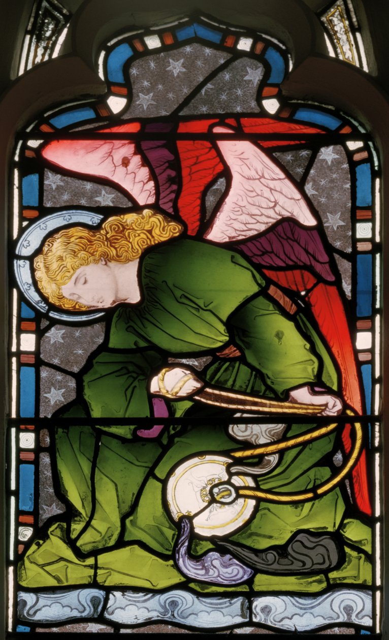 Gillingham, St Mary, Oostraam, Heaton, Butler & Bayne, onbekende kunstenaar, Voelende Engel, ca. 1868 door Butler and Bayne Heaton