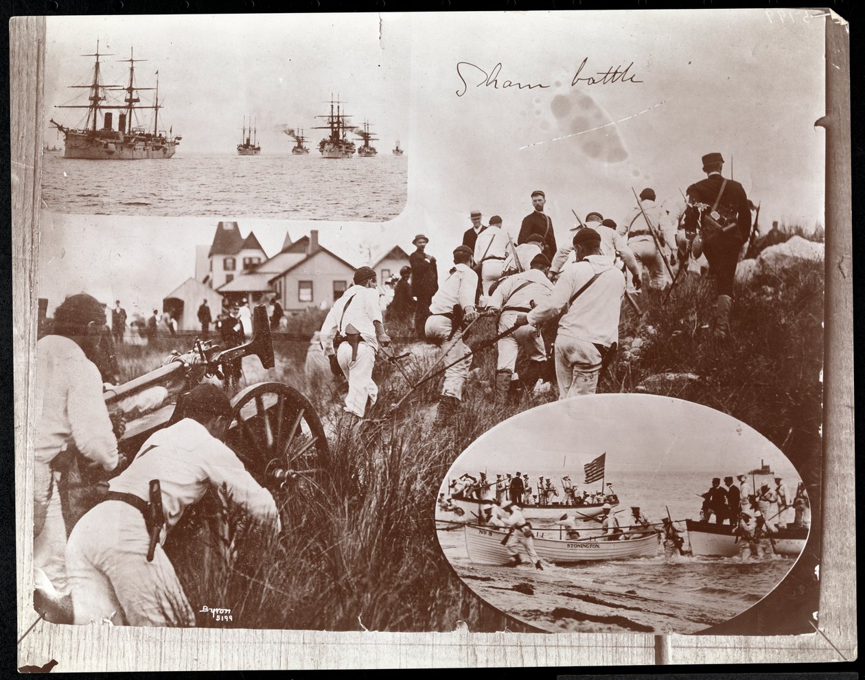 Kopie van een eerdere fotomontage van drie afbeeldingen van de Marine Reserves op Fishers Island, 1891 door Byron Company
