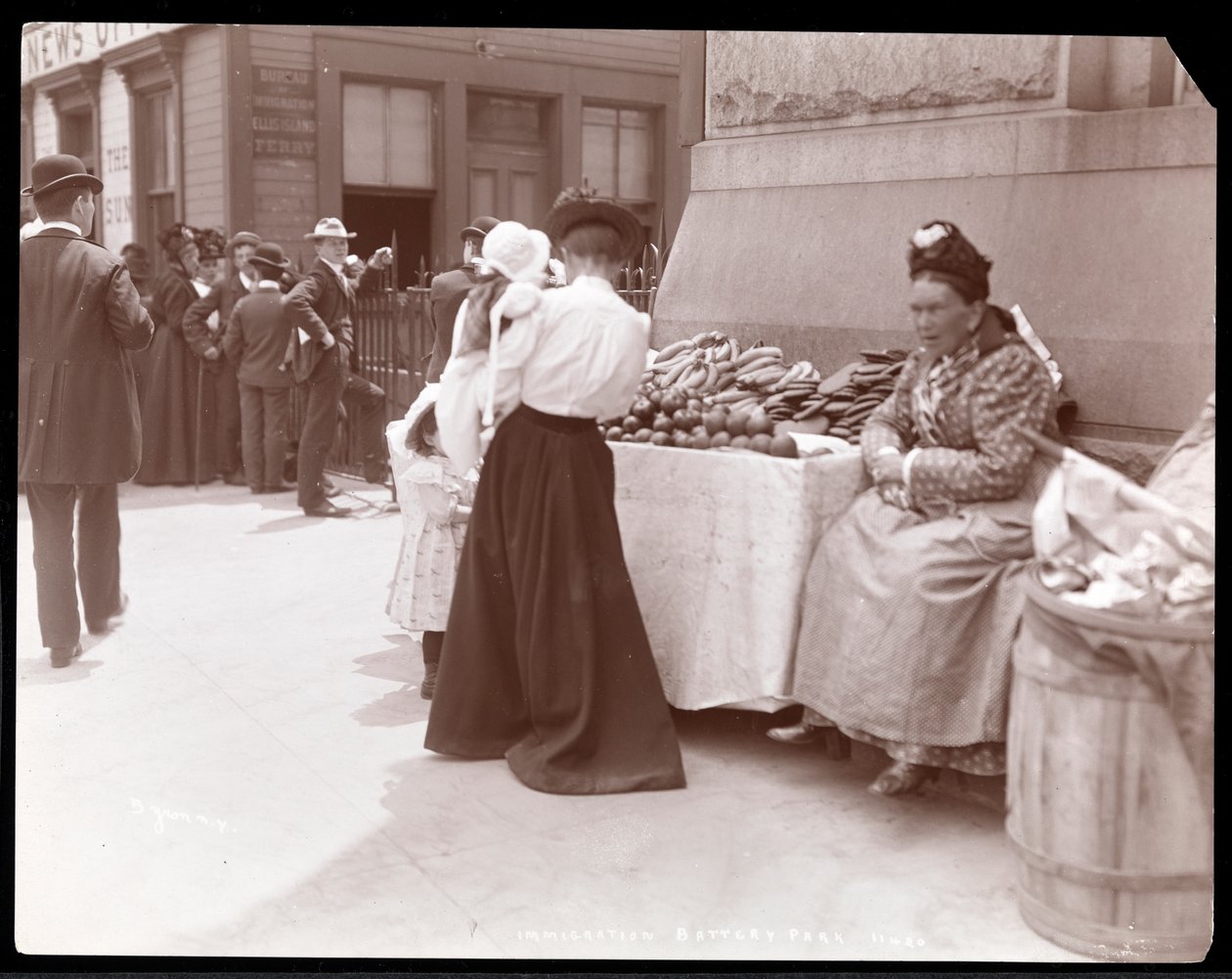 Uitzicht op een fruitverkoper in Battery Park, vermoedelijk wachtend op immigranten van Ellis Island, New York, c.1901 door Byron Company