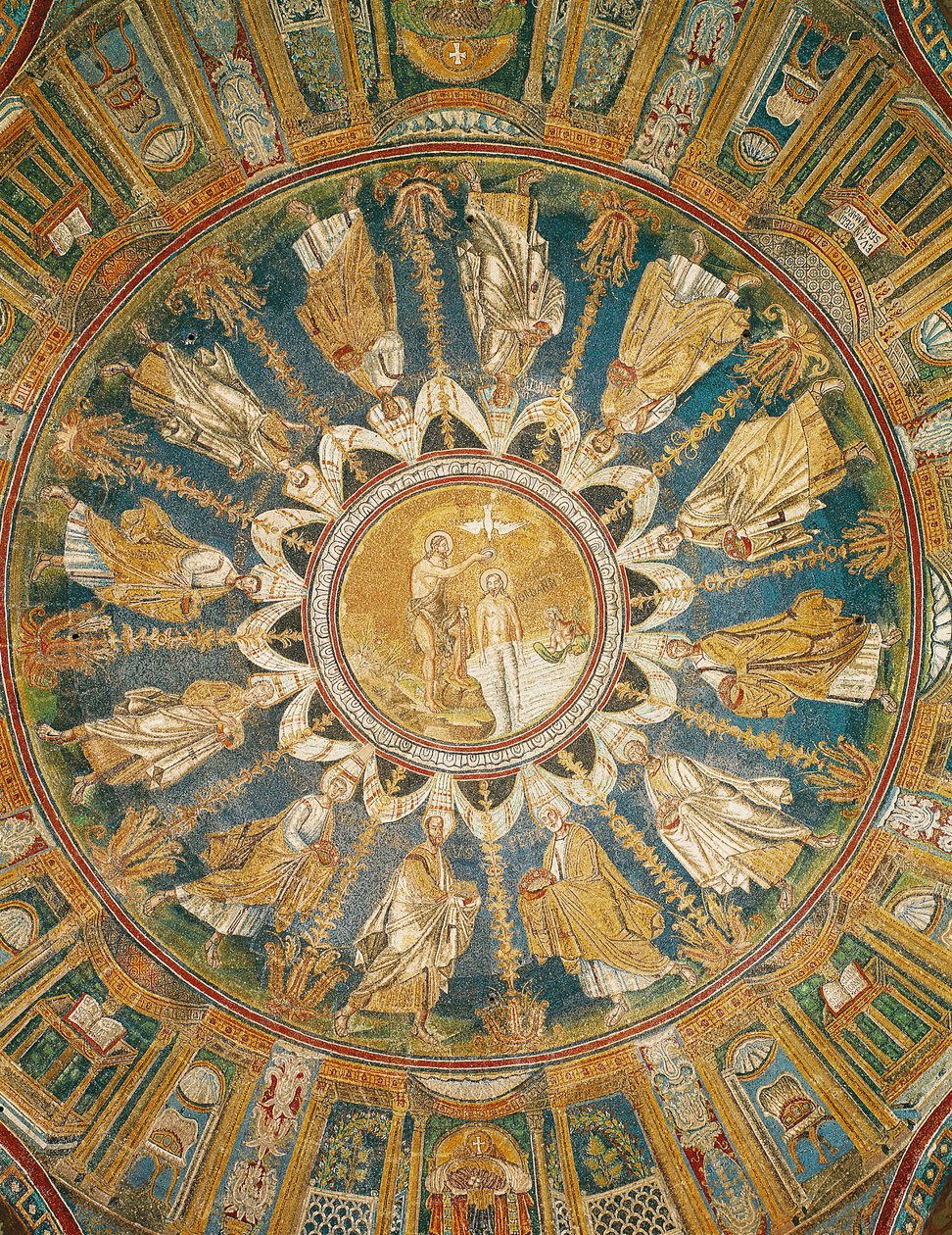 De Doop van Christus omringd door de Apostelen, van het gewelf van de centrale koepel door Byzantine