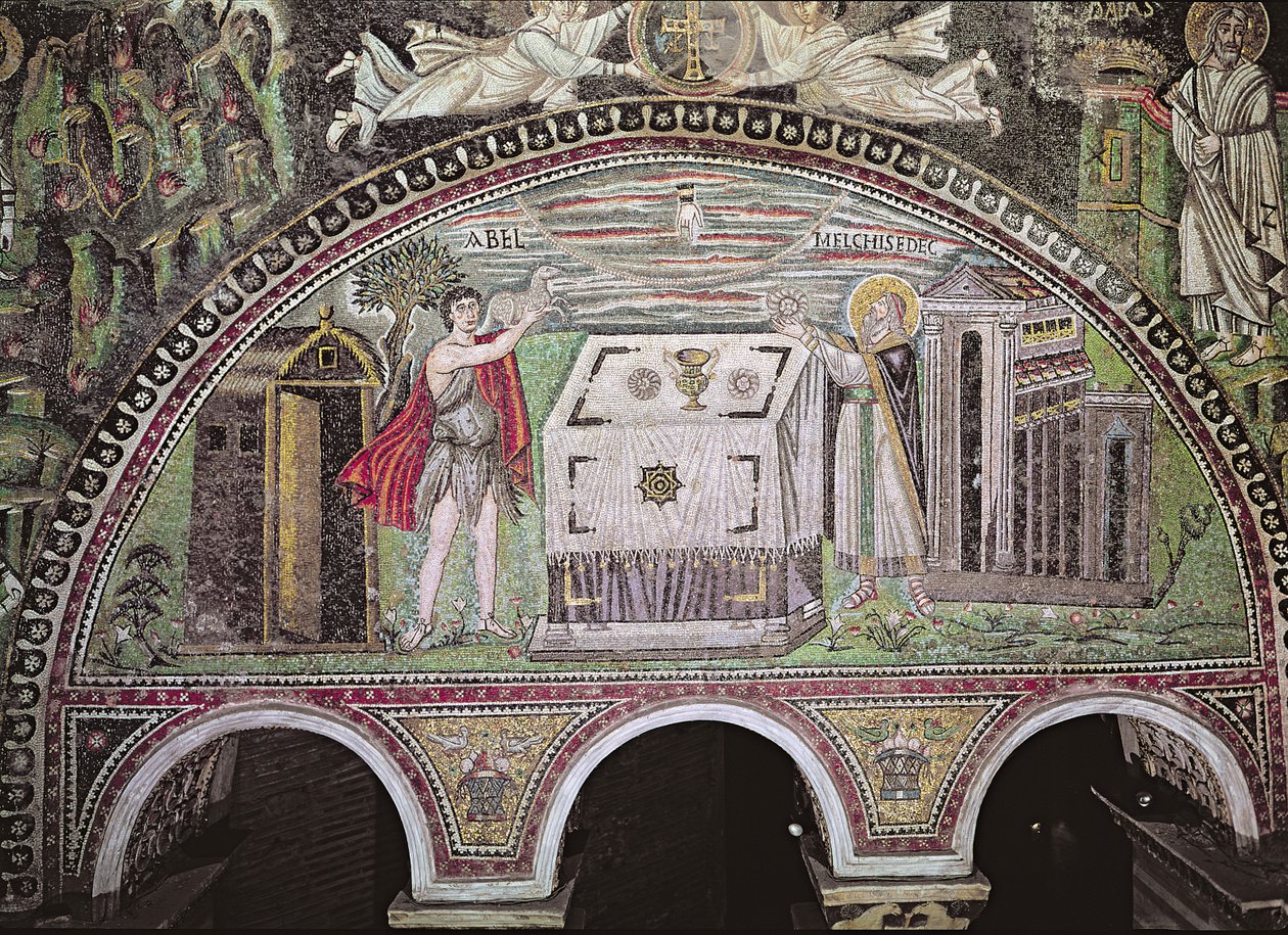 Abel offert een lam en Melchisedech offert brood bij het altaar, lunet aan de zuidmuur van de basiliek door Byzantine School