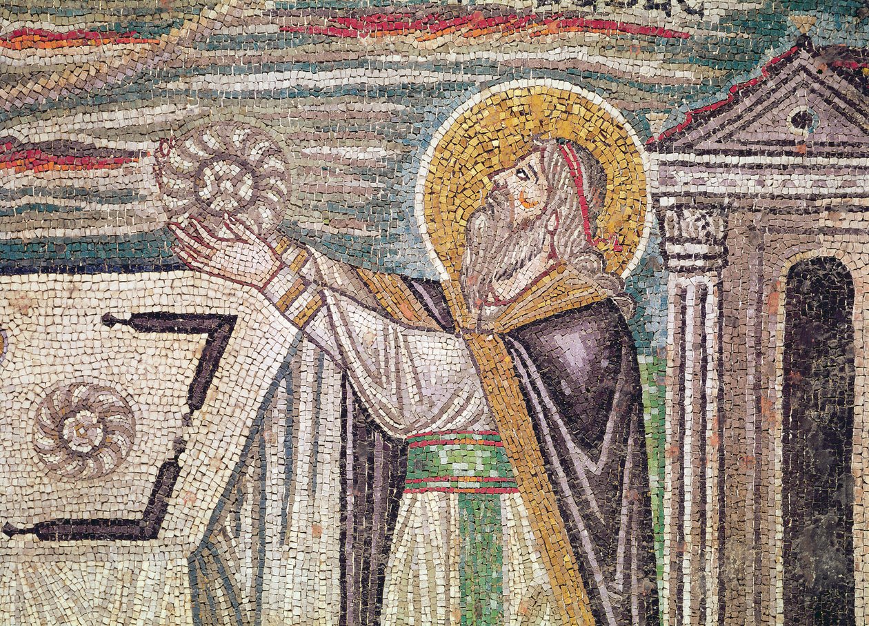 Melchisedech biedt brood aan bij het altaar, detail van de lunet op de zuidmuur die de offers van Abel en Melchisedech afbeeldt door Byzantine School
