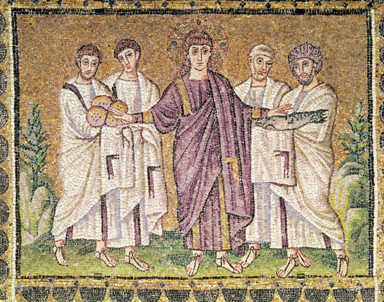 Vermenigvuldiging van het brood en de vissen, scènes uit het leven van Christus (mozaïek) door Byzantine School