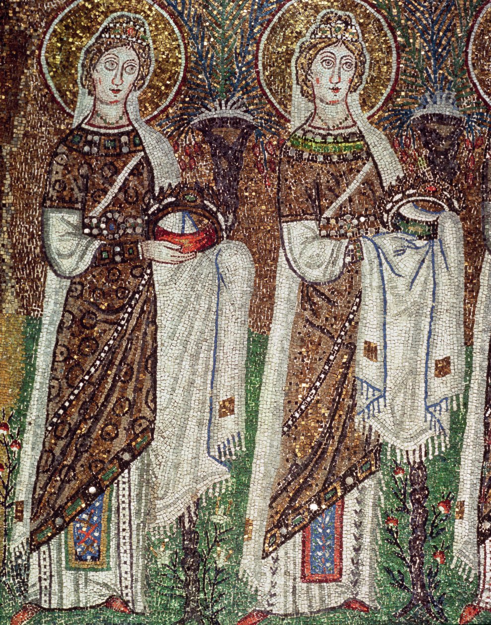 Processie van Maagdelijke Martelaren, 527-99 (mozaïek) (detail) door Byzantine School