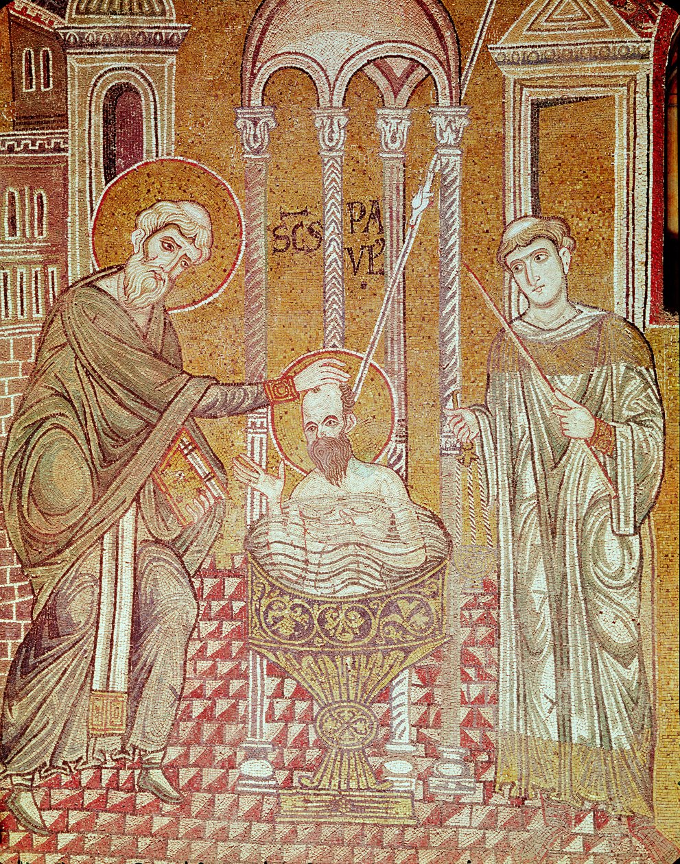 De doop van St. Paulus door Ananias, uit Scènes uit het leven van St. Paulus (mozaïek) door Byzantine School
