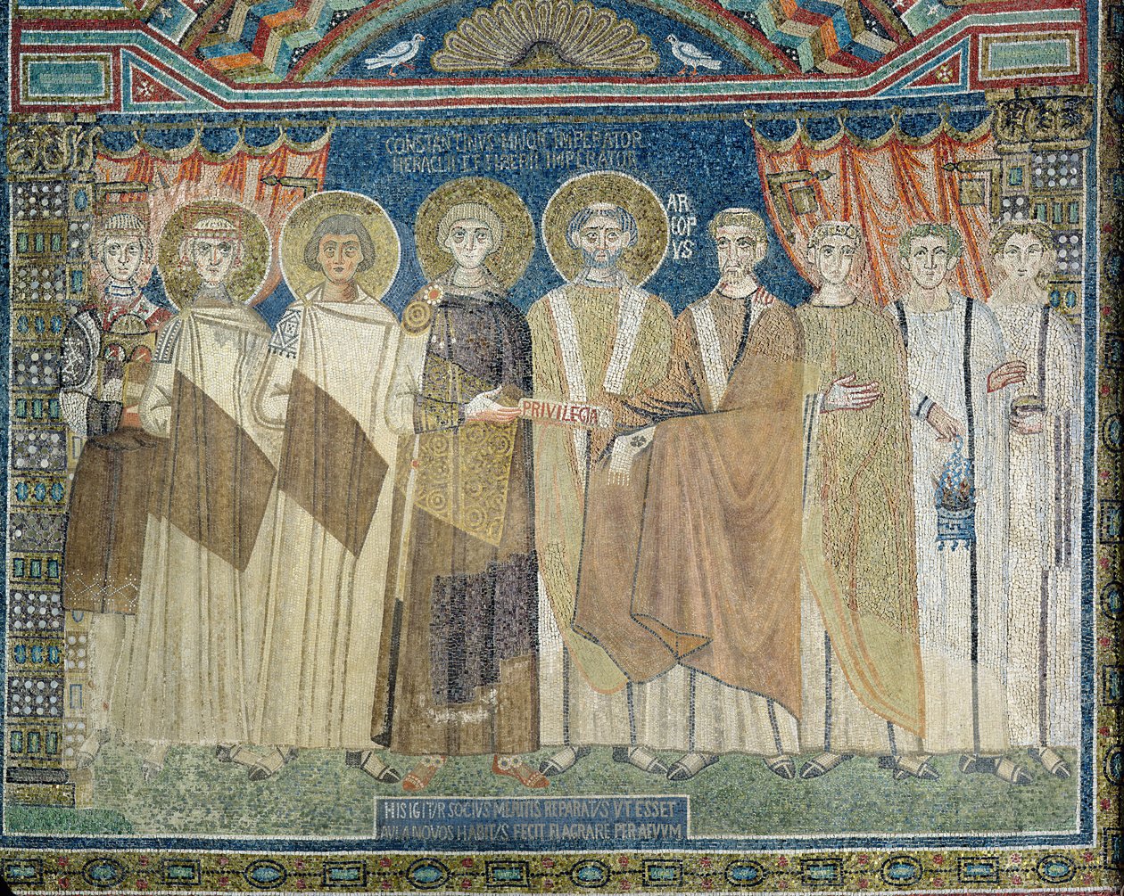 De Keizer Constantijn IV verleent belastingvrijstelling aan de Aartsbisschop van Ravenna (mozaïek) door Byzantine School
