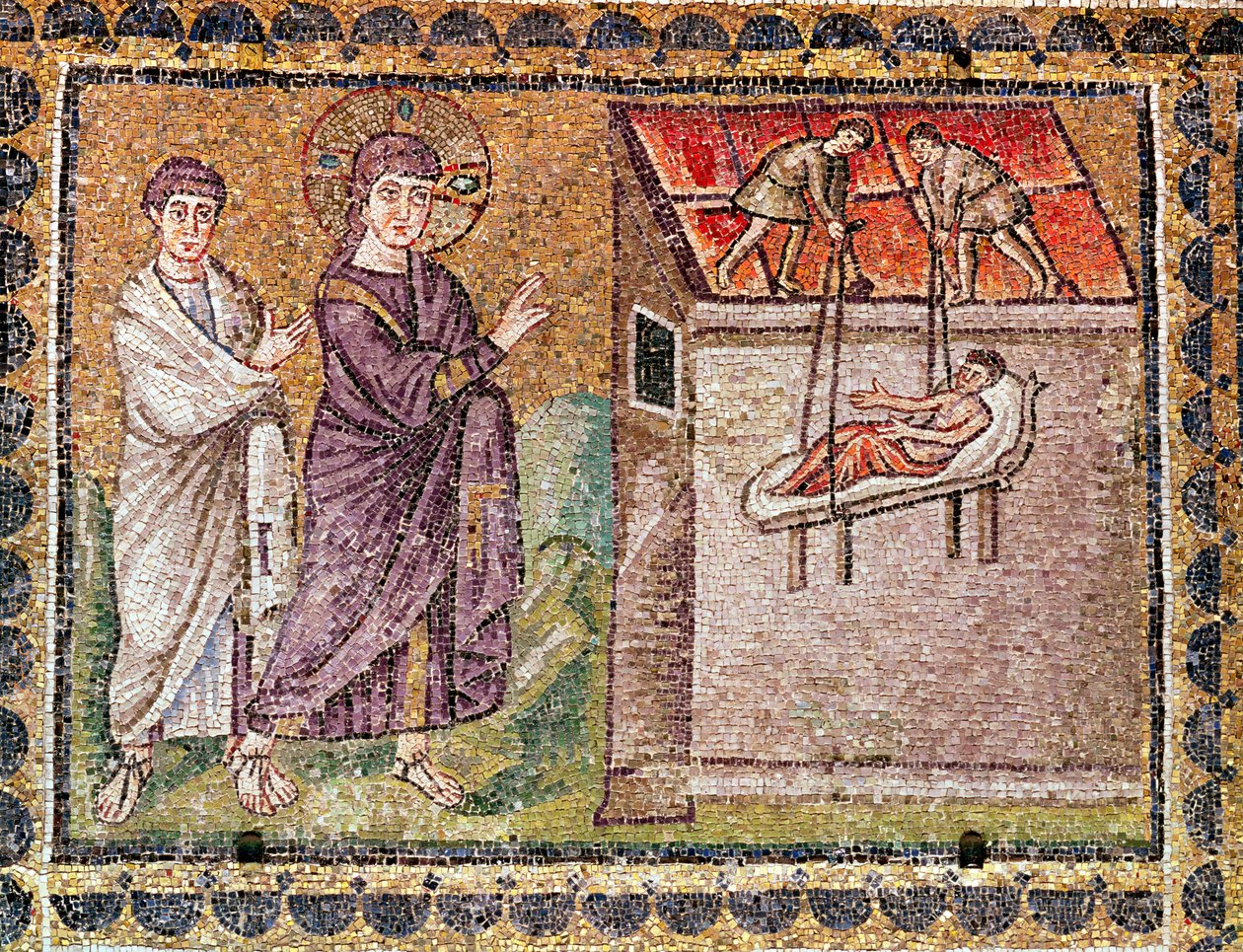 De verlamde van Kafarnaüm wordt door het dak neergelaten, scènes uit het leven van Christus door Byzantine School