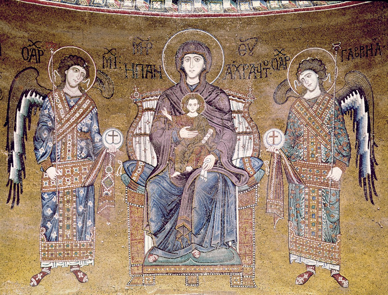 De Maagd en het Kind op de troon tussen twee engelen, uit de apsis (mozaïek) door Byzantine School
