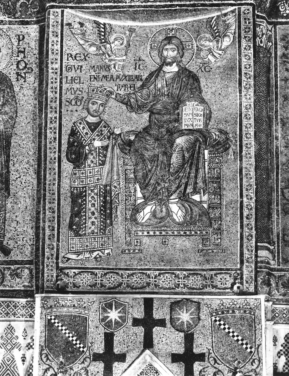 Willem II (1154-89) koning van Sicilië ontvangt een kroon van Christus door Byzantine School