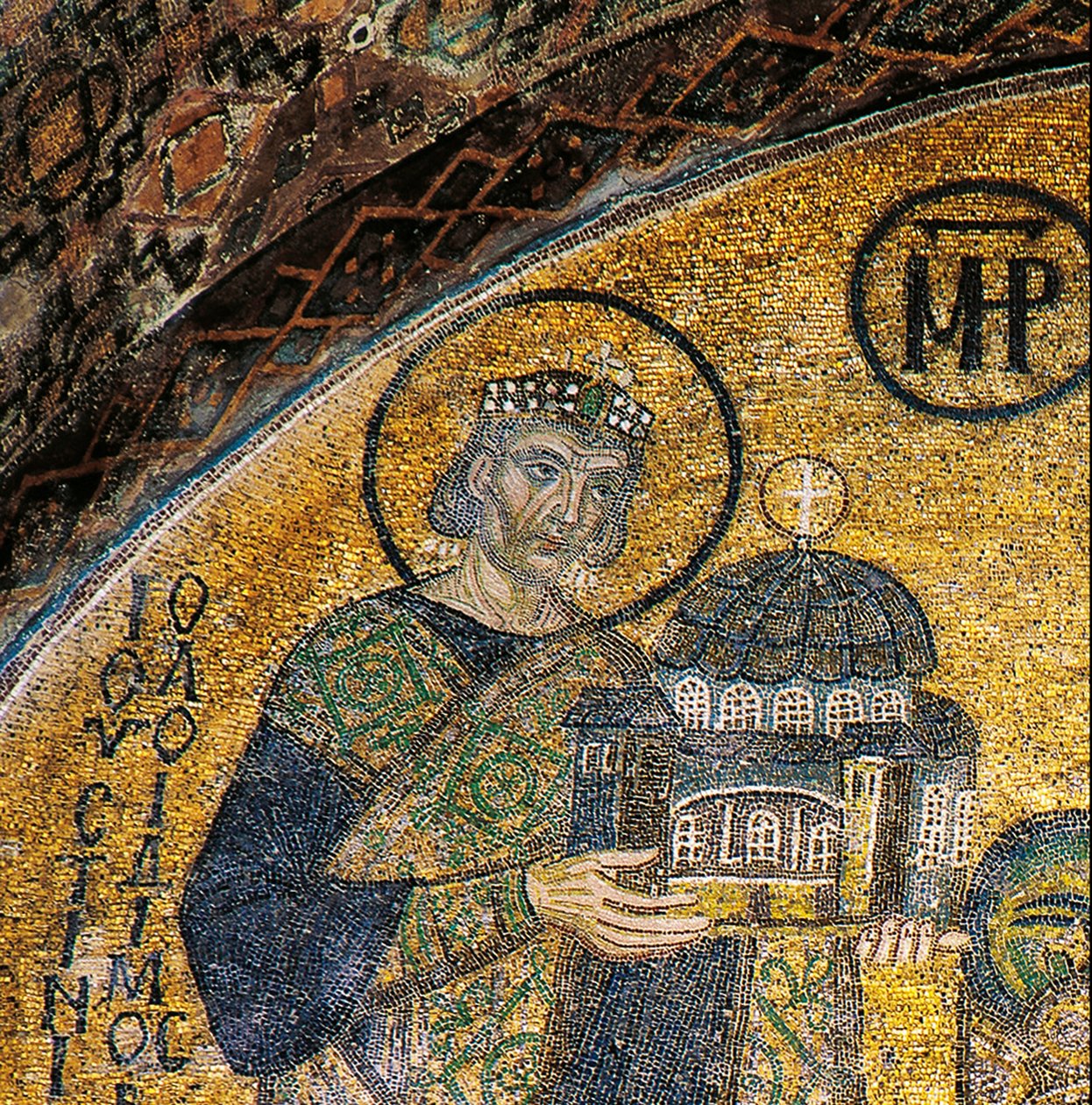 Keizer Justinianus presenteert Hagia Sophia aan de Maagd en Kind (mozaïek) door Byzantine