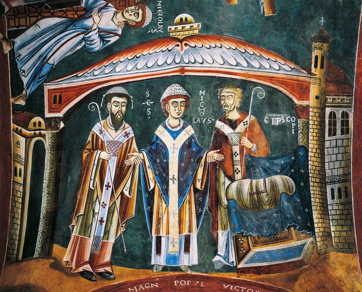 Sint Nicolaas gewijd tot bisschop van Myra, (detail) uit de Verhalen van Sint Nicolaas, Romaanse fresco, Byzantijnse stijl, eind 11e eeuw, Kapel van Sint Eldrad en Sint Nicolaas, Novalesa Abdij, Piëmont, Italië door Byzantine