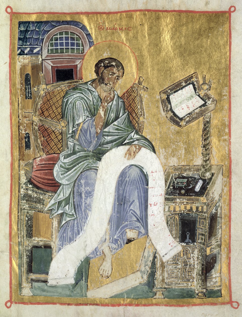 Marcus die zijn Evangelie schrijft (blad uit een Psalter) (perkament) door Byzantine