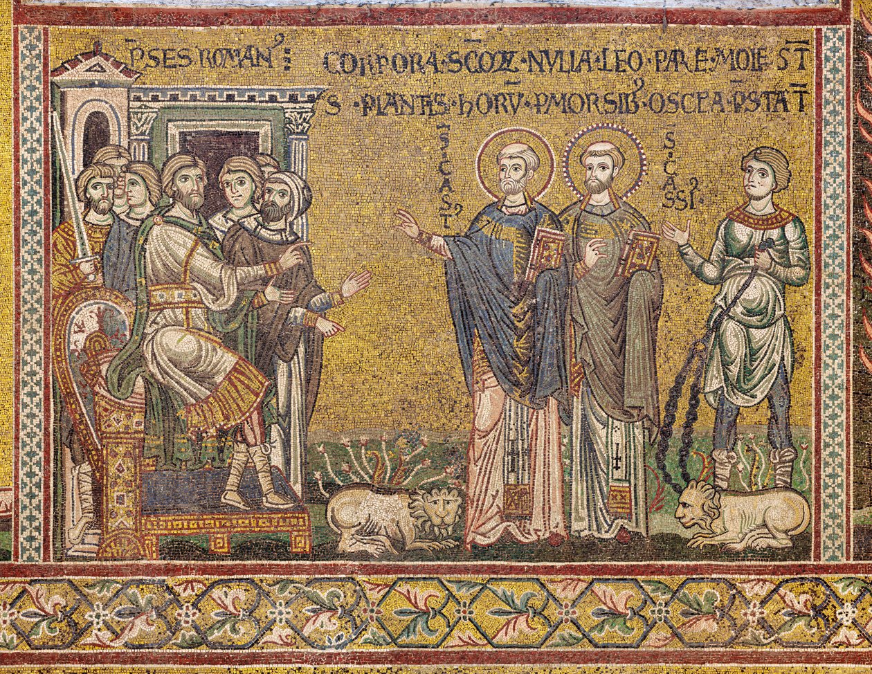 St. Cassius en St. Casto voor de keizer, Byzantijns mozaïek, XII-XIII eeuw, op de tegengevel (mozaïek) door Byzantine