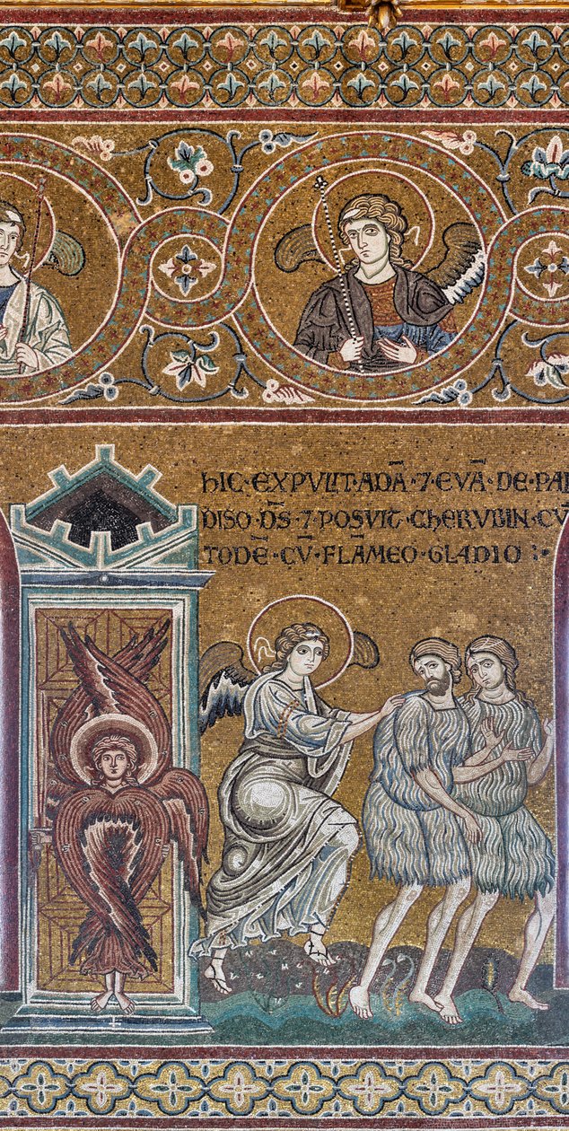 De verdrijving uit het Aards Paradijs, Byzantijns mozaïek, Oude Testament Cyclus-Aards Paradijs, XII-XIII eeuw (mozaïek) door Byzantine
