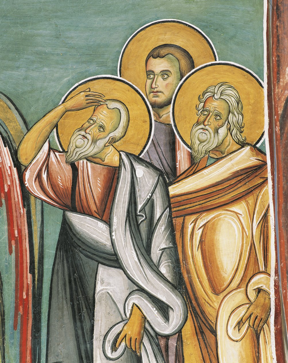 Drie mensen in een kerk, Panagia too Araka, Byzantijns, Troodosgebergte, Cyprus door Byzantine