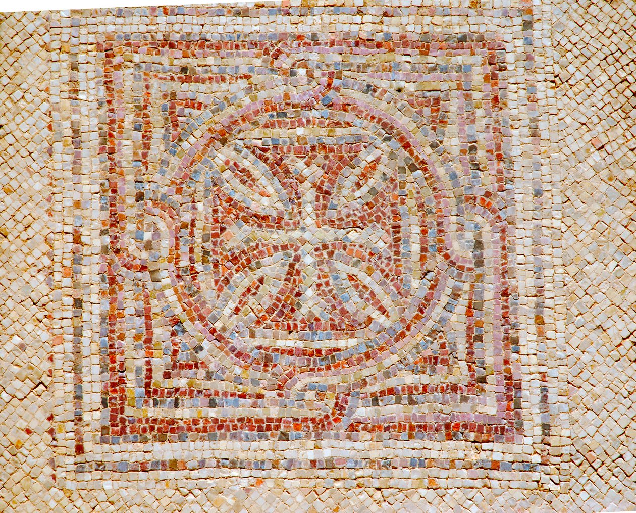 Detail van een kruis uit de mozaïekvloer van de Byzantijnse kerk in Shoham, Israël, ca. 5e eeuw AD (mozaïek) door Byzantine Byzantine