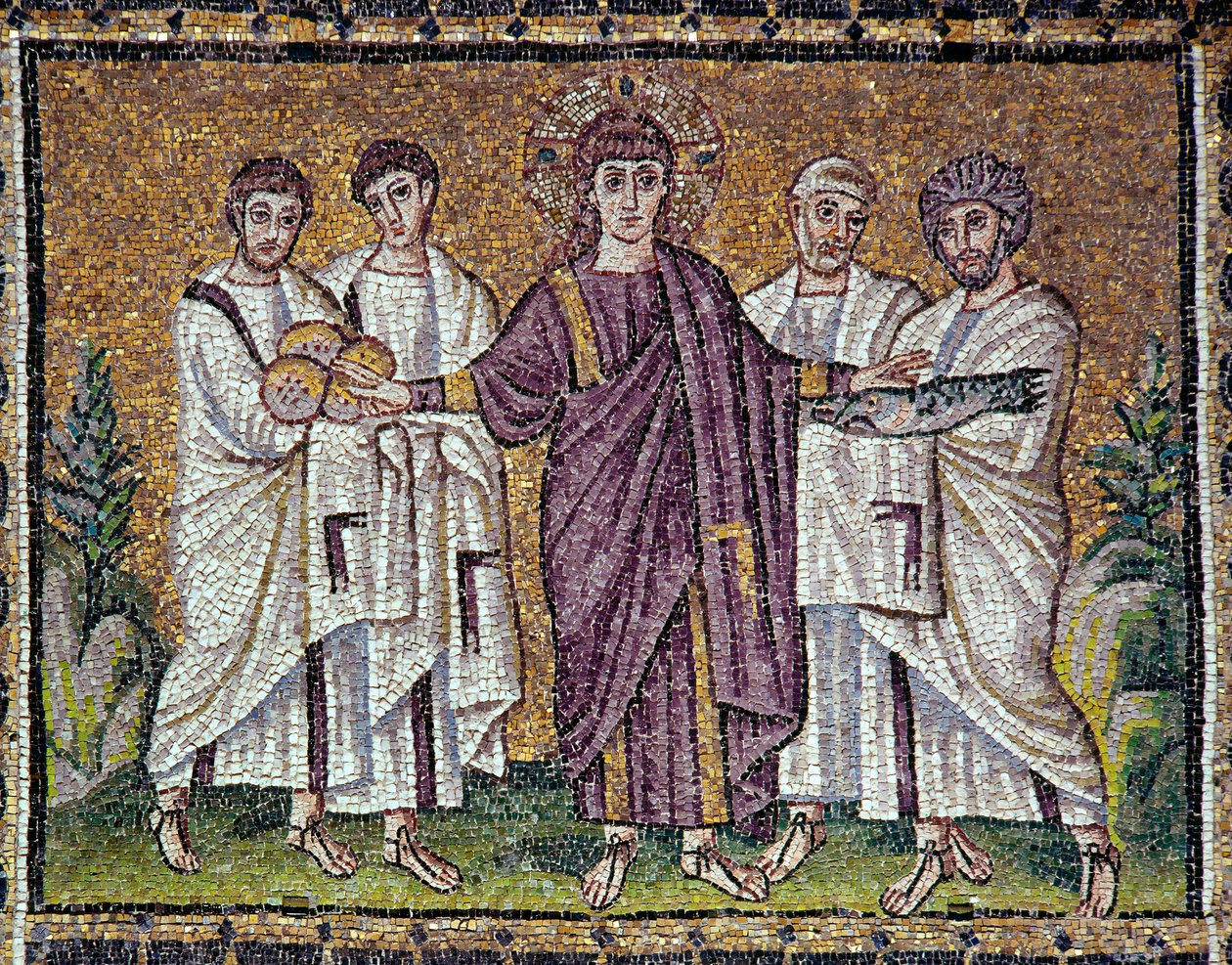 Byzantijnse kunst: De vermenigvuldiging van brood en vis (mozaïek) door Byzantine School