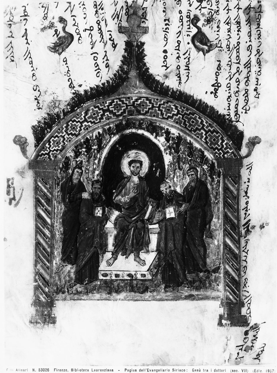 Christus tussen de dokters, folio uit de Rabula-evangeliën, 586 AD door Byzantine School
