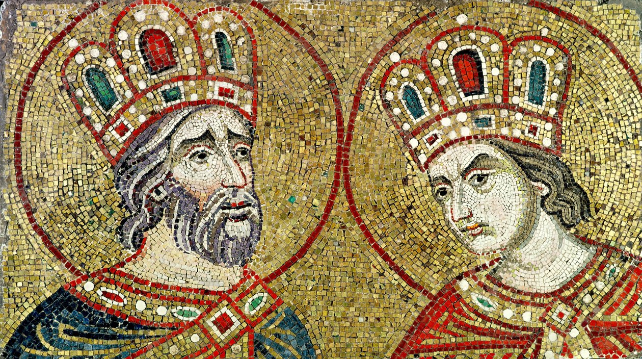 Constantijn de Grote (270-337) en St. Helena (mozaïek) door Byzantine School